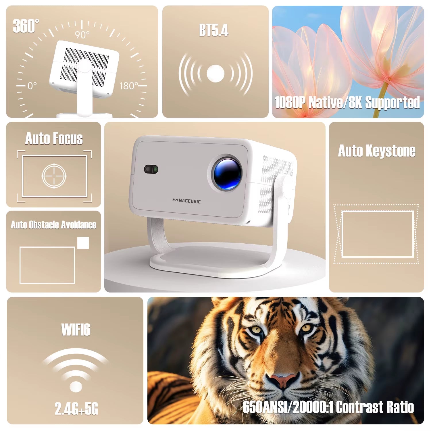 Native 1080P 650ANSI 8K Android14 L018 Projector with Auto Keystone Correction Focus Wifi6 BT5.4 Portable Movie Outdoor